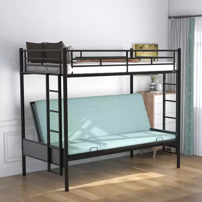 Twin over Full Metal Bunk Bed with Ladder and Guardrails Down Bed Can be Converted Into Daybed Multi-Function Black