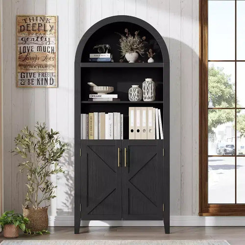 63'' Arched Bookcase with Adjustable Shelf 5 Tier Farmhouse Pantry Bathroom Storage Cabinet with 2 Cross Doors for Living Room Bedroom Kitchen