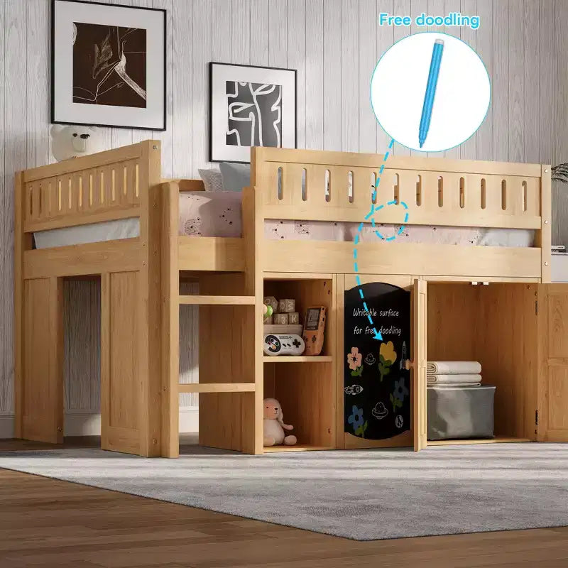 Full Size Loft Bed with Storage Cabinet & Chalkboard Panel Kids/Teens Bedroom Bed Frame - ModernLuxe