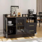 Wine Cabinet Coffee Bar Station with Double Glass Doors Black Liquor Storage Cabinet for Kitchen Living Room