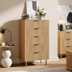 48 Tall 5-Drawer Fluted Dresser in Natural - Modern Deep-Drawer Wooden Chest with Wide Top for Bedroom Living Room Hallway & Kids' Room.