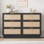 6 Drawer Rattan Dresser for Bedroom Integrated Cabinet Body & Legs Design Wooden Chest of Drawers for Hallways Entryways and Closet Easy Assembly