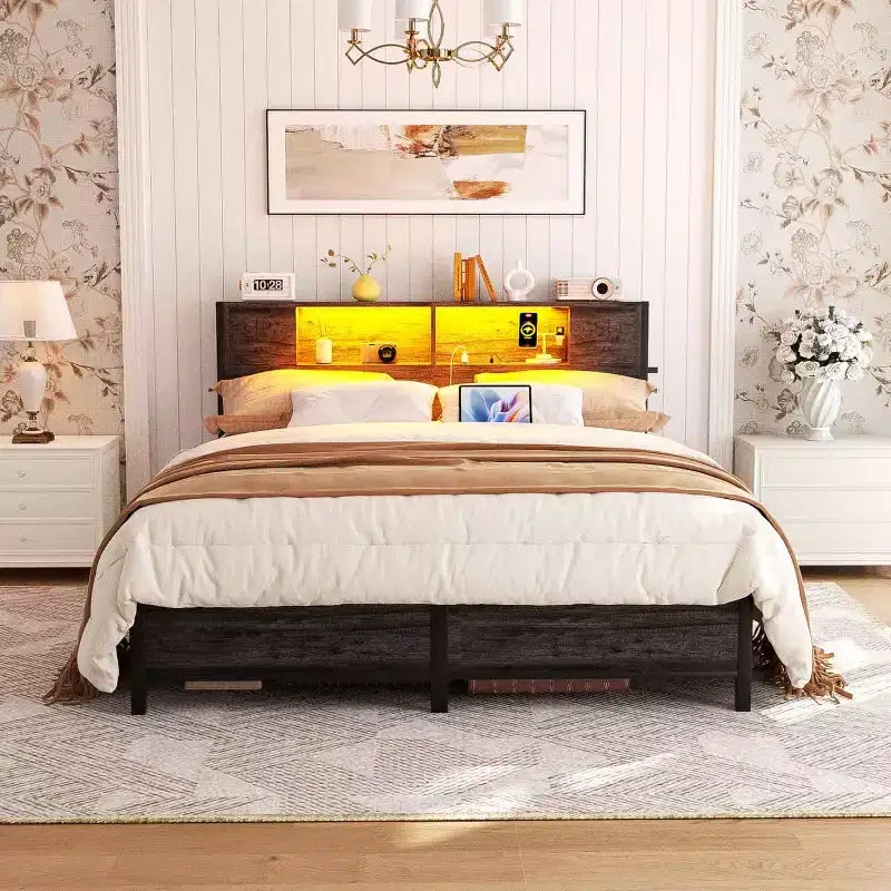Besiost Bed Frame with Storage Headboard Bedframe with Charging Station and LED Light