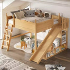 Bellemave Queen Loft Bed with Guardrail Storage Shelves and Cabinet Solid Wood Loft Bed Frame with Detachable Slide and Ladders for Kids Natural