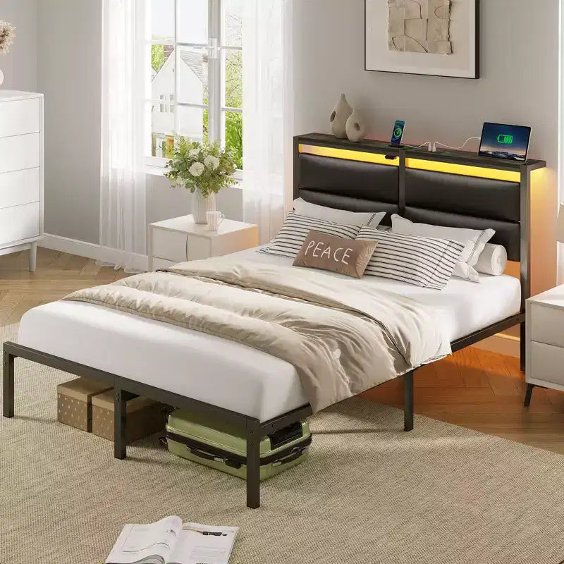 Greenstell Platform Bed with Upholstere Headboard and Charging Station Corduroy Upholstered Bed Frame with LED Lights