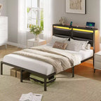 Greenstell Platform Bed with Upholstere Headboard and Charging Station Corduroy Upholstered Bed Frame with LED Lights