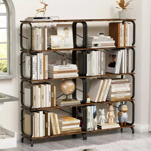 5-Tier Bookshelf Tall Bookcase with Open Wood & Metal Design Vintage Storage Organizer for Books CDs Movies Multi-Purpose Shelf for Living Room