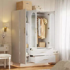 Acekool Modern 3-Door Storage Cabinet with Glass Doors Hanging Rods & Drawers Tall White Armoire for Bedroom and Living Room