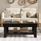 Long Rectangular Coffee Table with Storage Drawer Rusty Farmhouse Style Open Shelf Black Finish
