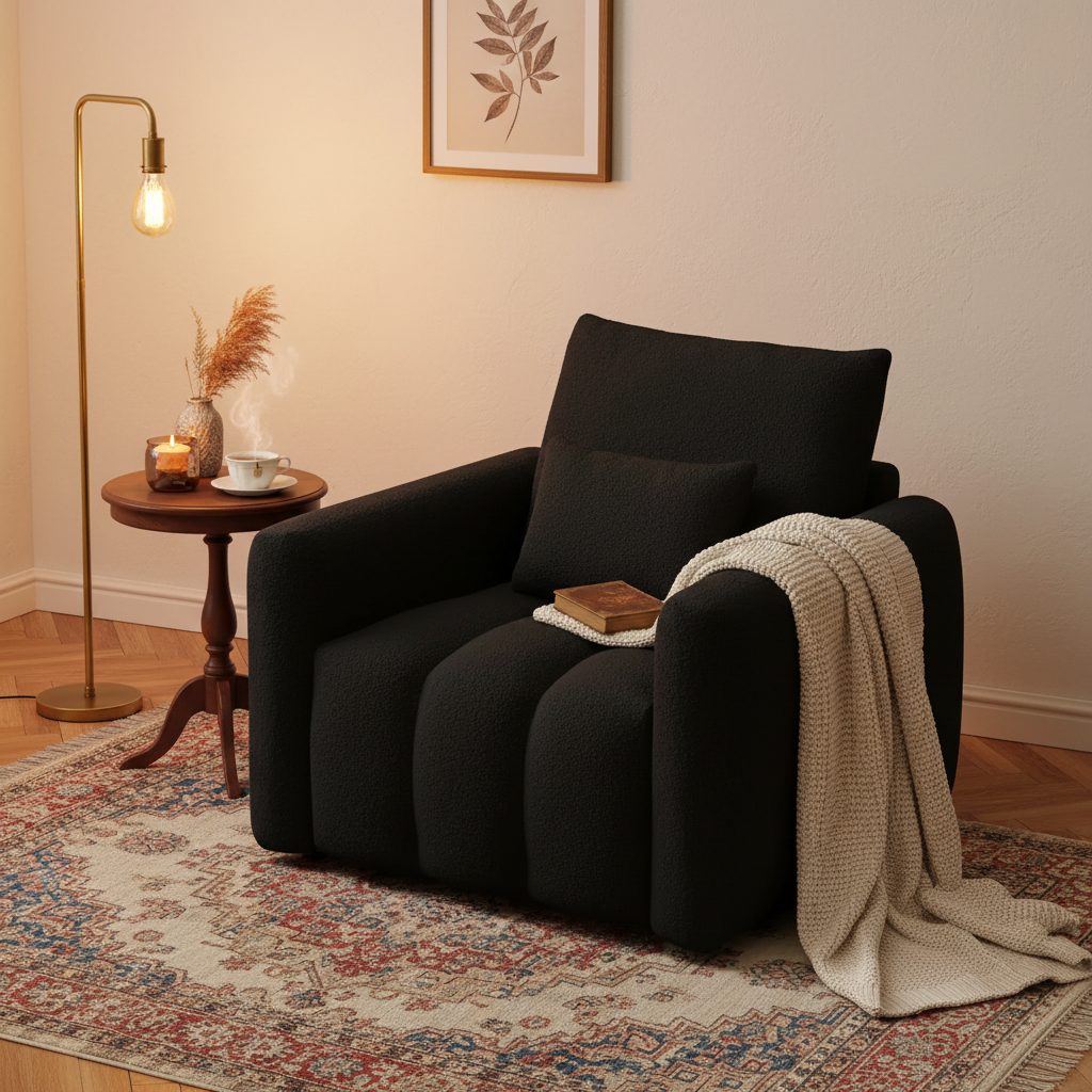 Fauteuil de salon moderne en tissu bouclette